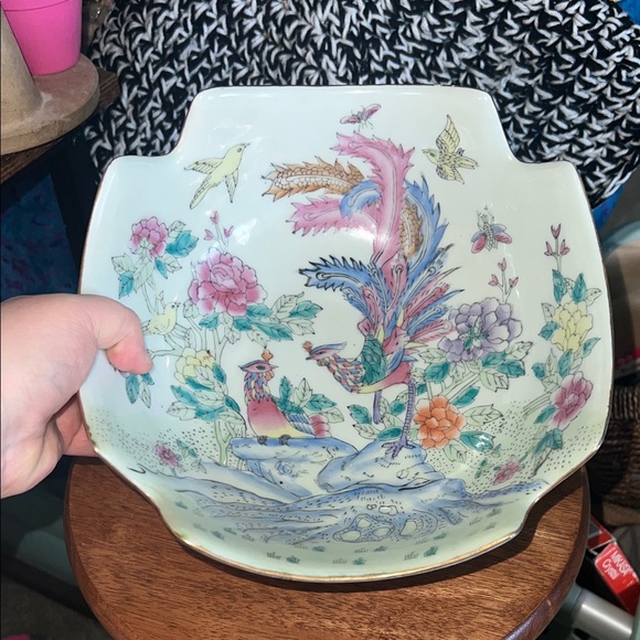 Vintage Chinese Satsuma Bowl Birds Of Paradise with Wood Stand - Picture 8 of 14